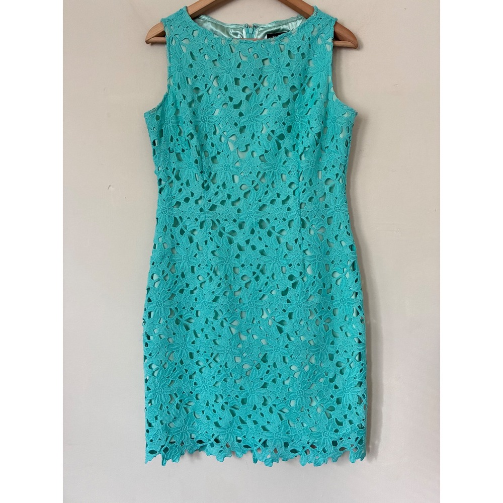 Tahari Arthur S. Levine Aqua Blue Floral Lace Sheath Dress Size 8  Office